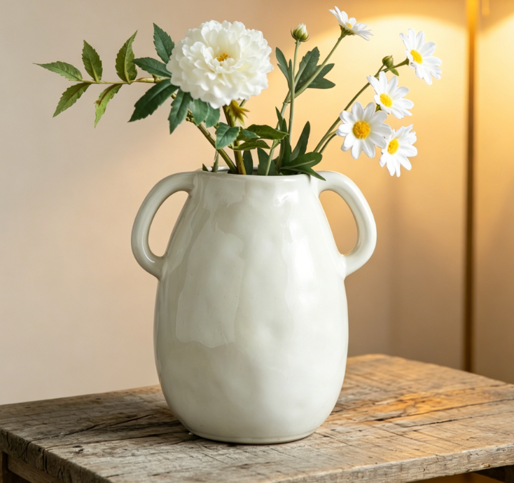 White Ceramic Vase with Two Handles – Modern Farmhouse Style – Rustic Terracotta Texture – 18cm high – Centerpiece for dining tables